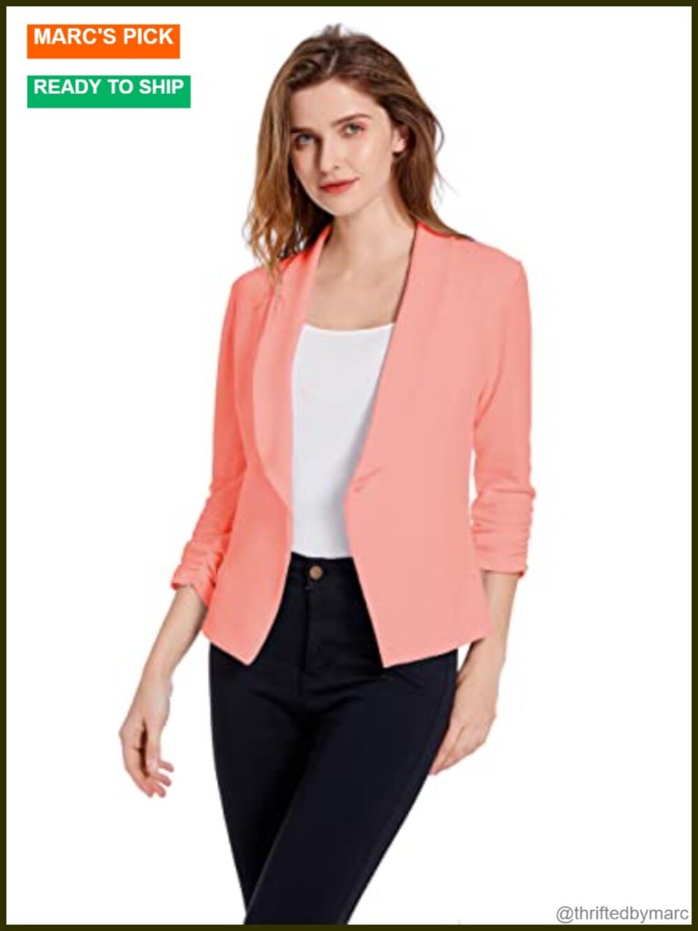 Women's Lightweight Stretchy One Button Blazer Cardigan 3/4 Ruched Sleeve